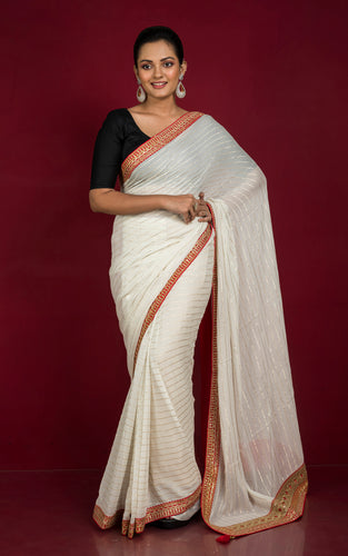 Khaddi Georgette Designer Saree in Off White, Red and Antique Gold
