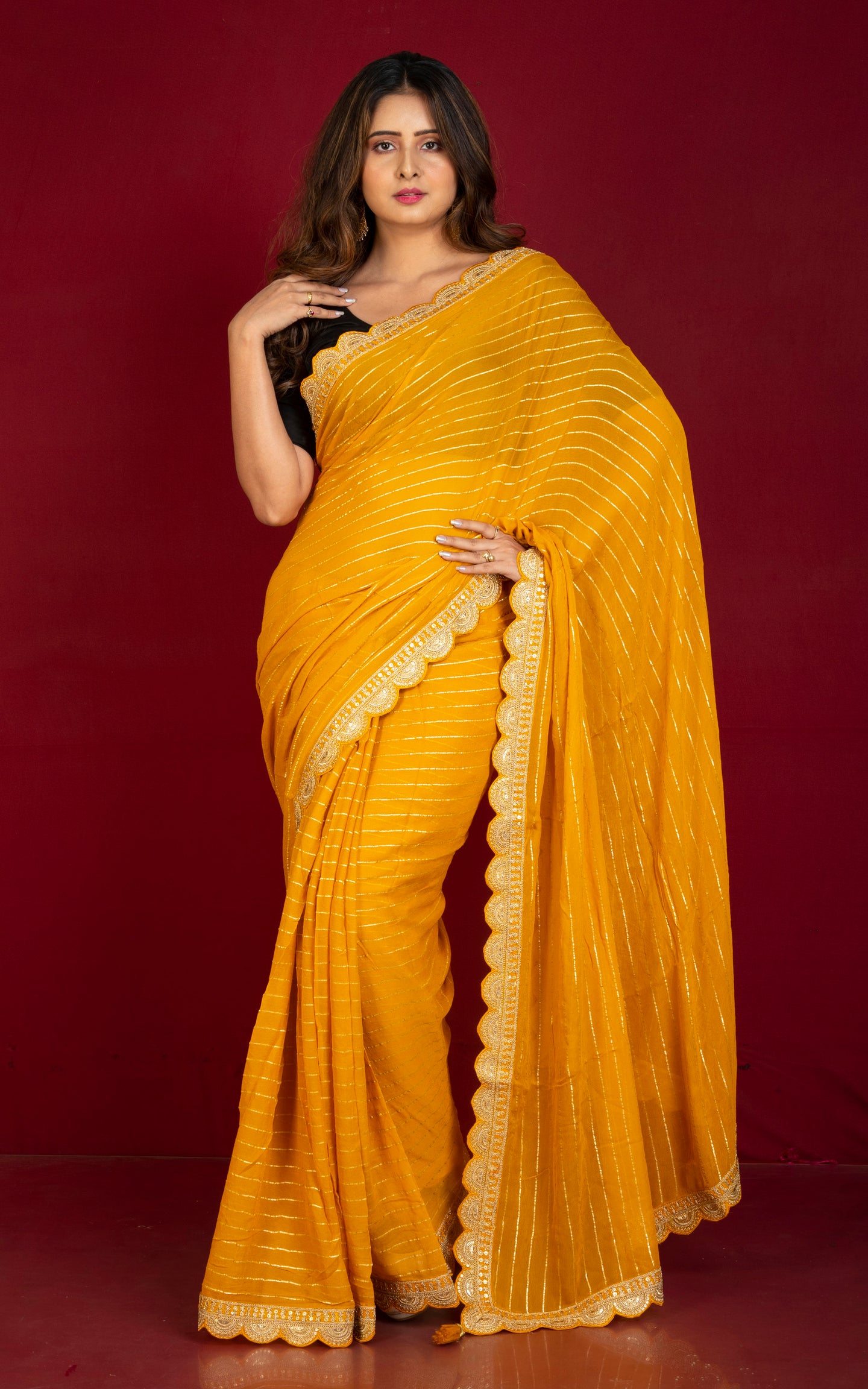 Khaddi Georgette Designer Saree in Honey Yellow and Antique Gold