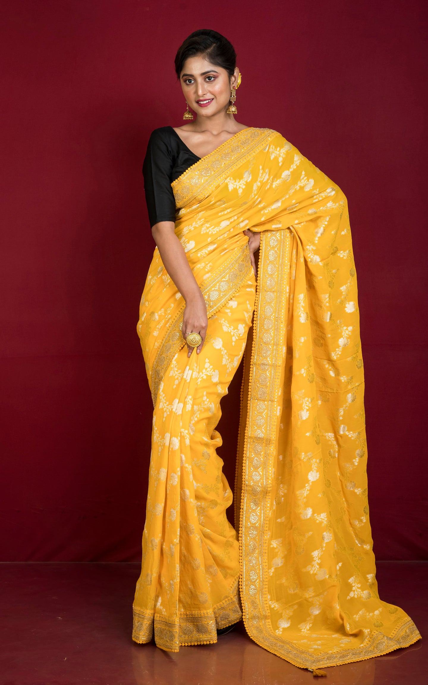 Handwoven Khaddi Georgette Designer Saree in Bright Yellow and Antique Gold