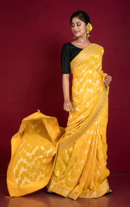Handwoven Khaddi Georgette Designer Saree in Bright Yellow and Antique Gold