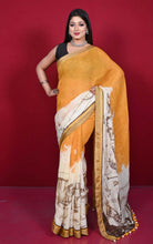 Handwoven Soft Digital Printed High Quality Linen Saree in Pastel Orange, Eggshell White and Crater Brown