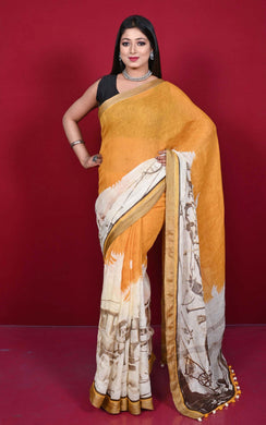 Handwoven Soft Digital Printed High Quality Linen Saree in Pastel Orange, Eggshell White and Crater Brown