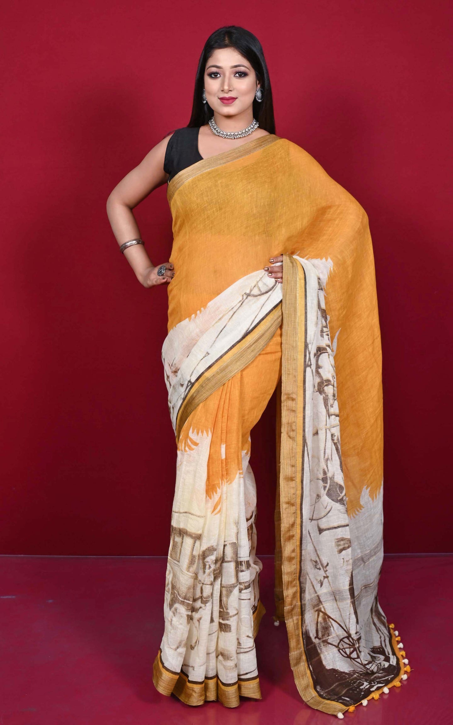 Handwoven Soft Digital Printed High Quality Linen Saree in Pastel Orange, Eggshell White and Crater Brown