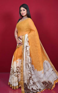 Handwoven Soft Digital Printed High Quality Linen Saree in Pastel Orange, Eggshell White and Crater Brown
