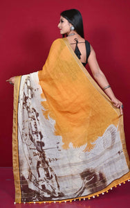 Handwoven Soft Digital Printed High Quality Linen Saree in Pastel Orange, Eggshell White and Crater Brown