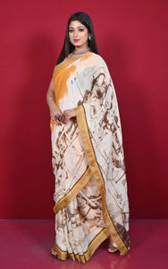 Handwoven Soft Digital Printed High Quality Linen Saree in Pastel Orange, Eggshell White and Crater Brown