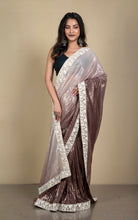 Parsi Work Nakshi Border Italian Shaded Net with Sequin Woven Bollywood Sarees in Almond, Brown Stone and Oatmeal White