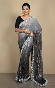 Parsi Work Nakshi Border Italian Shaded Net with Sequin Woven Bollywood Sarees in Burnt Sugar, Dark Truffle and Oatmeal White
