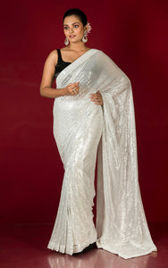 Designer Italian Net with Sequin Woven Bollywood Sarees in Lace White
