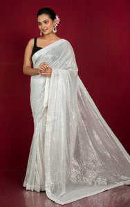 Designer Italian Net with Sequin Woven Bollywood Sarees in Lace White