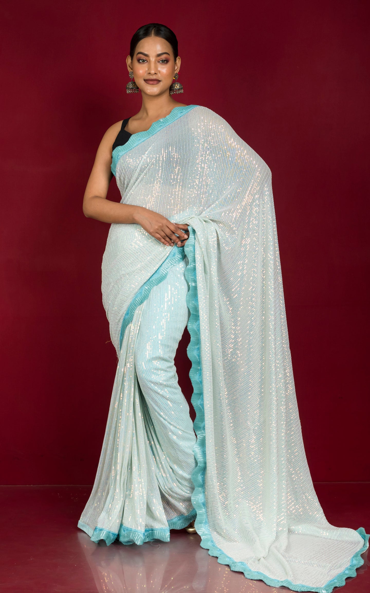Contrast Sequin Nakshi Border Italian Net with Sequin Woven Bollywood Sarees in Arctic Blue and Baby Blue