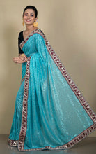 Patch Work Designer Nakshi Border Italian Net with Sequin Woven Bollywood Sarees in Aqua Blue and Maroon