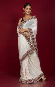 Patch Work Designer Nakshi Border Italian Net with Sequin Woven Bollywood Sarees in Off White and Maroon