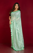 Contrast Sequin Nakshi Border Italian Net with Sequin Woven Bollywood Sarees in Turquoise Green and Paris Green