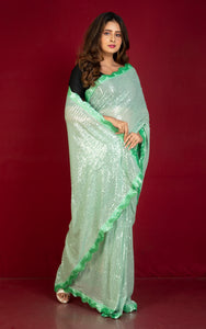 Contrast Sequin Nakshi Border Italian Net with Sequin Woven Bollywood Sarees in Turquoise Green and Paris Green