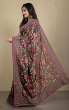 Parsi Cross Stitch Work Designer Italian Crepe Silk Saree in Dark Brown, Magenta and Multicolored Thread Work