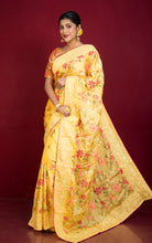 Parsi Cross Stitch Work Designer Italian Crepe Silk Saree in Butter Yellow, Magenta and Multicolored Thread Work