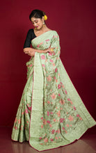 Parsi Cross Stitch Work Designer Italian Crepe Silk Saree in Tea Green, Magenta and Multicolored Thread Work