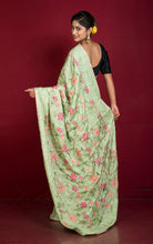 Parsi Cross Stitch Work Designer Italian Crepe Silk Saree in Tea Green, Magenta and Multicolored Thread Work