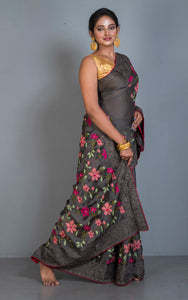 Parsi Cross Stitch Work Designer Italian Crepe Silk Saree in Taupe Brown, Hot Pink and Multicolored Thread Work 