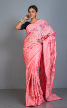 Parsi Cross Stitch Work Designer Italian Crepe Silk Saree in Salmon Pink, Hot Pink and Multicolored Thread Work