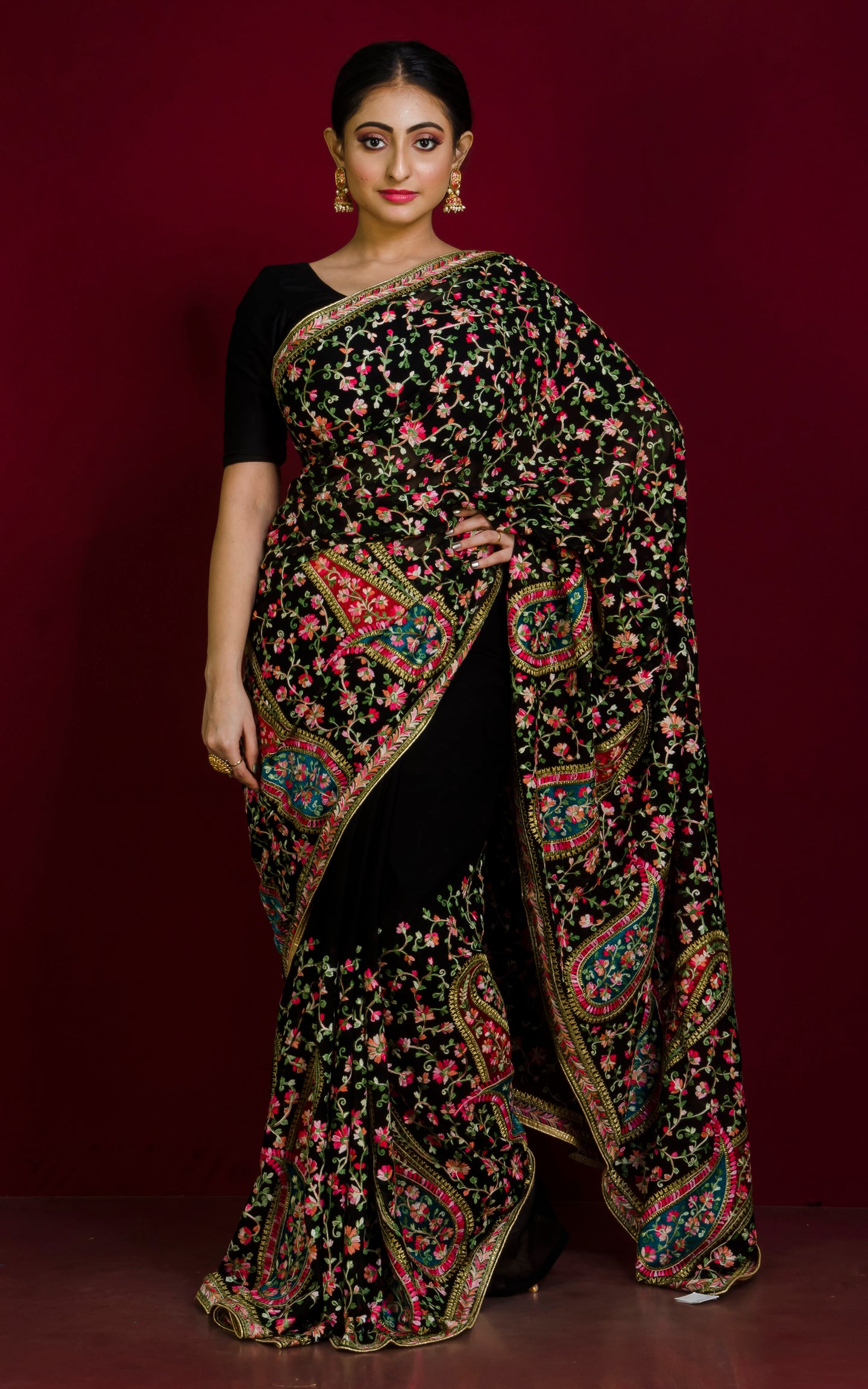 Kashmiri Embroidery Work Designer Saree in Black and Multicolored Thread Work