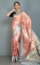 Handwoven Dharmavaram Pure Silk Saree in Coral Pink and Marble Blue