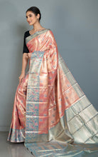 Handwoven Dharmavaram Pure Silk Saree in Coral Pink and Marble Blue