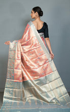 Handwoven Dharmavaram Pure Silk Saree in Coral Pink and Marble Blue