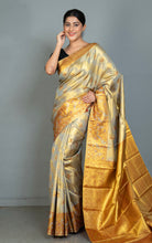 Handwoven Dharmavaram Pure Silk Saree in Heathered Grey, Dark Red and Satin Sheen Gold