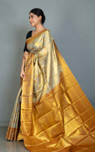 Handwoven Dharmavaram Pure Silk Saree in Heathered Grey, Dark Red and Satin Sheen Gold