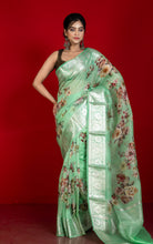 Digital Printed Handloom Kora Silk Banarasi Saree in Paris Green, Multicolored and Antique Silver Zari