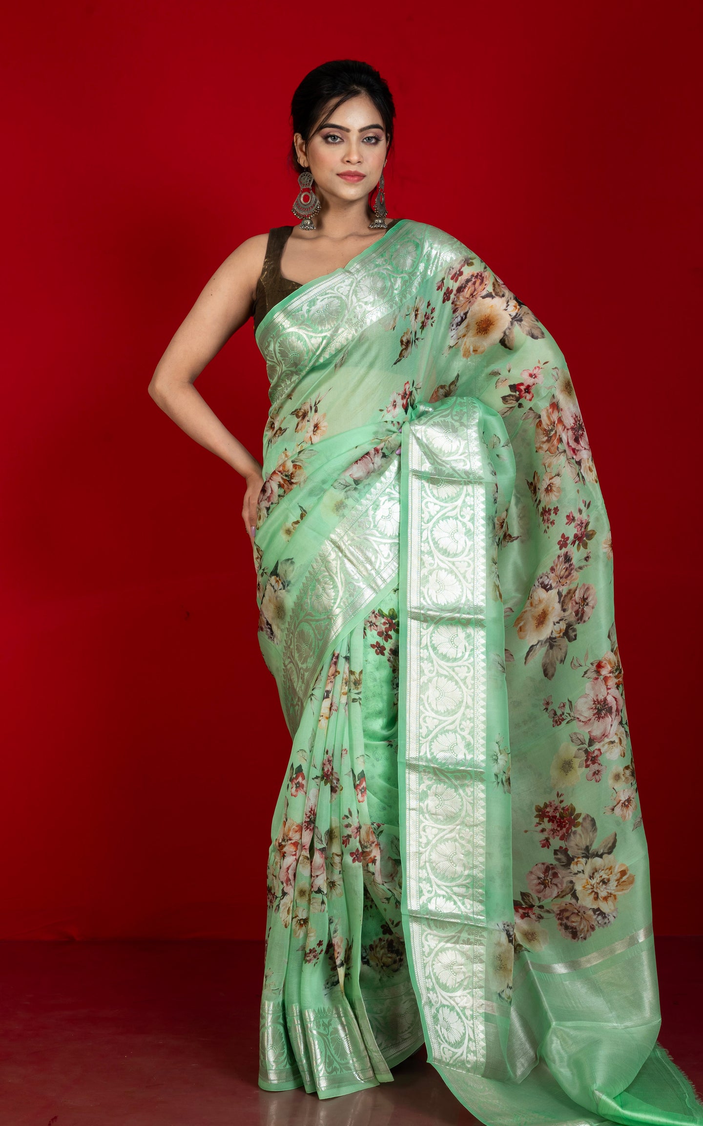 Digital Printed Handloom Kora Silk Banarasi Saree in Paris Green, Multicolored and Antique Silver Zari