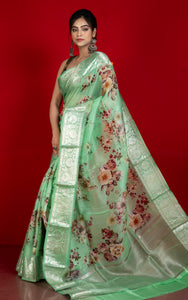 Digital Printed Handloom Kora Silk Banarasi Saree in Paris Green, Multicolored and Antique Silver Zari