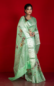 Digital Printed Handloom Kora Silk Banarasi Saree in Paris Green, Multicolored and Antique Silver Zari