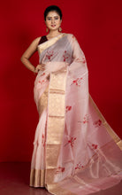Digital Printed Handloom Kora Silk Banarasi Saree in Peach, Plum Red and Brush Golden Zari