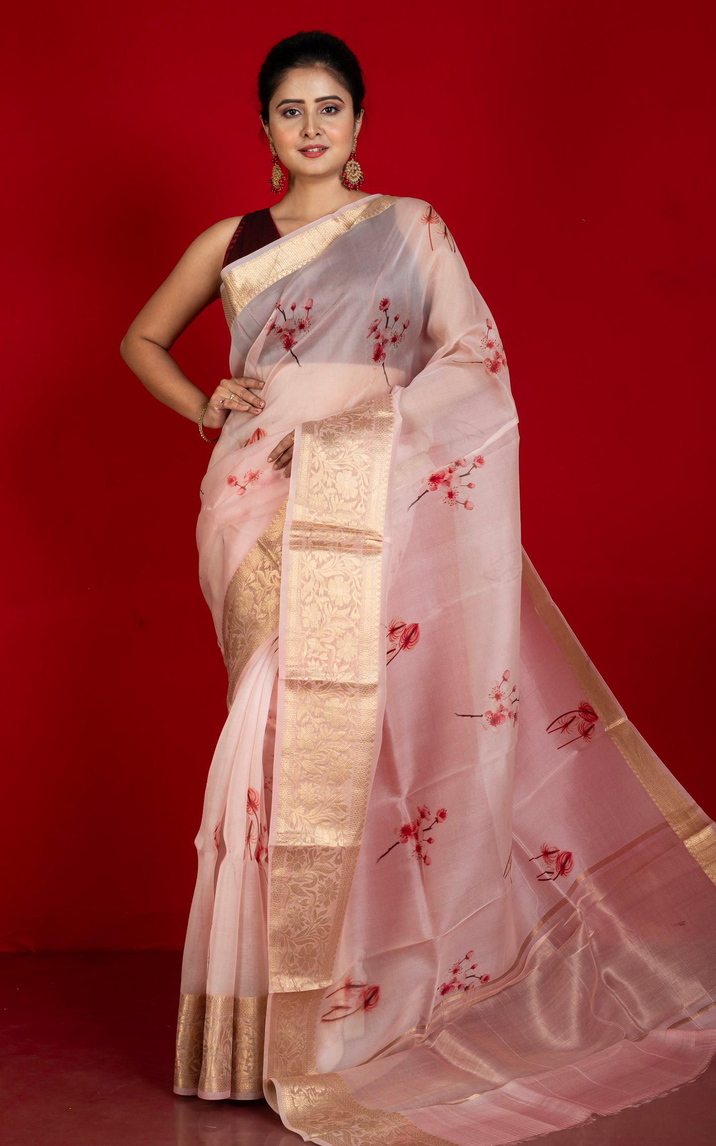 Digital Printed Handloom Kora Silk Banarasi Saree in Peach, Plum Red and Brush Golden Zari