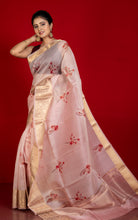 Digital Printed Handloom Kora Silk Banarasi Saree in Peach, Plum Red and Brush Golden Zari