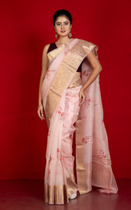 Digital Printed Handloom Kora Silk Banarasi Saree in Peach, Plum Red and Brush Golden Zari