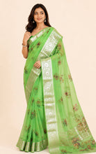 Digital Printed Handloom Kora Silk Banarasi Saree – Mint Green