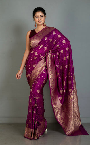 Traditional Nakshi Motif Work Softy Dola Katan Silk Sari in Rich Purple and Antique Golden