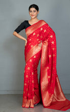 Traditional Nakshi Motif Work Softy Dola Katan Silk Sari in Torch Red and Antique Golden