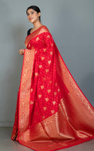 Traditional Nakshi Motif Work Softy Dola Katan Silk Sari in Torch Red and Antique Golden