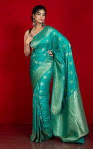 Traditional Nakshi Motif Work Softy Dola Katan Silk Sari in Seagreen and Antique Golden