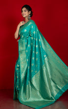 Traditional Nakshi Motif Work Softy Dola Katan Silk Sari in Seagreen and Antique Golden