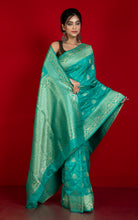 Traditional Nakshi Motif Work Softy Dola Katan Silk Sari in Seagreen and Antique Golden