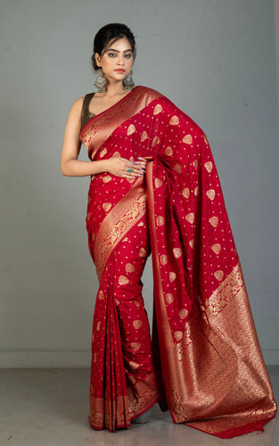 Traditional Nakshi Motif Work Softy Dola Katan Silk Sari in Rose Red and Antique Golden