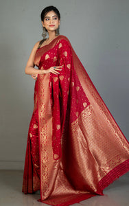 Traditional Nakshi Motif Work Softy Dola Katan Silk Sari in Rose Red and Antique Golden