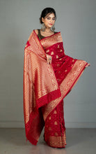 Traditional Nakshi Motif Work Softy Dola Katan Silk Sari in Rose Red and Antique Golden
