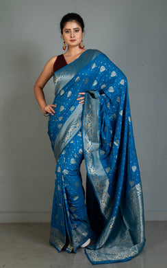 Traditional Nakshi Motif Work Softy Dola Katan Silk Sari in Marine Blue and Antique Golden